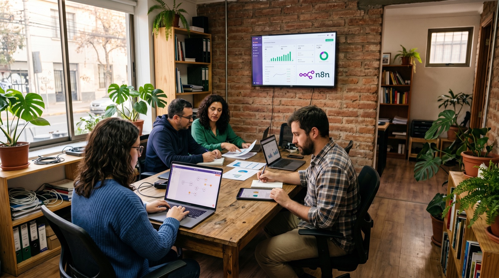 Equipe de PME brasileira trabalhando com dashboards de automação n8n em escritório moderno com parede de tijolos, plantas e luz natural